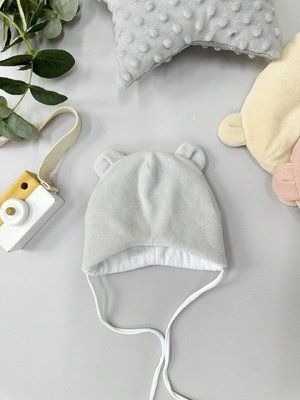 Шапочка велюрова сіра з вушками для новонародженого на виписку 36/38 3124 фото
